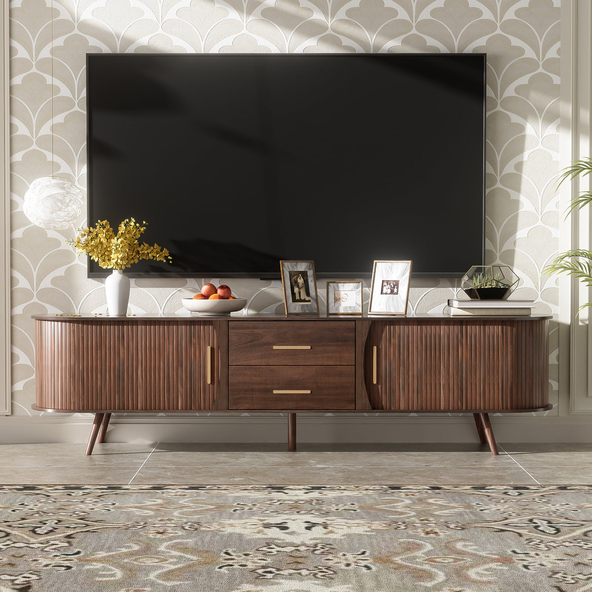 Dark walnut Mid-Century Studio TV stand by Anthony & Home featuring clean lines and wooden construction for a stylish living room display.