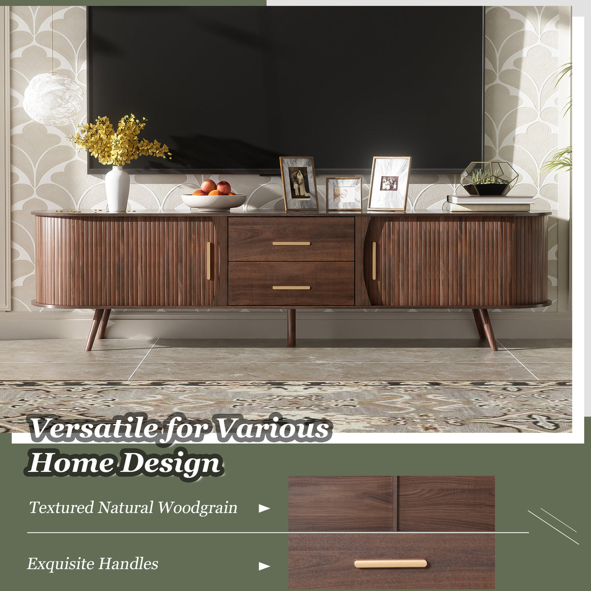 Dark walnut Mid-Century Studio Anthony & Home television stand with storage cabinets and sleek modern design.