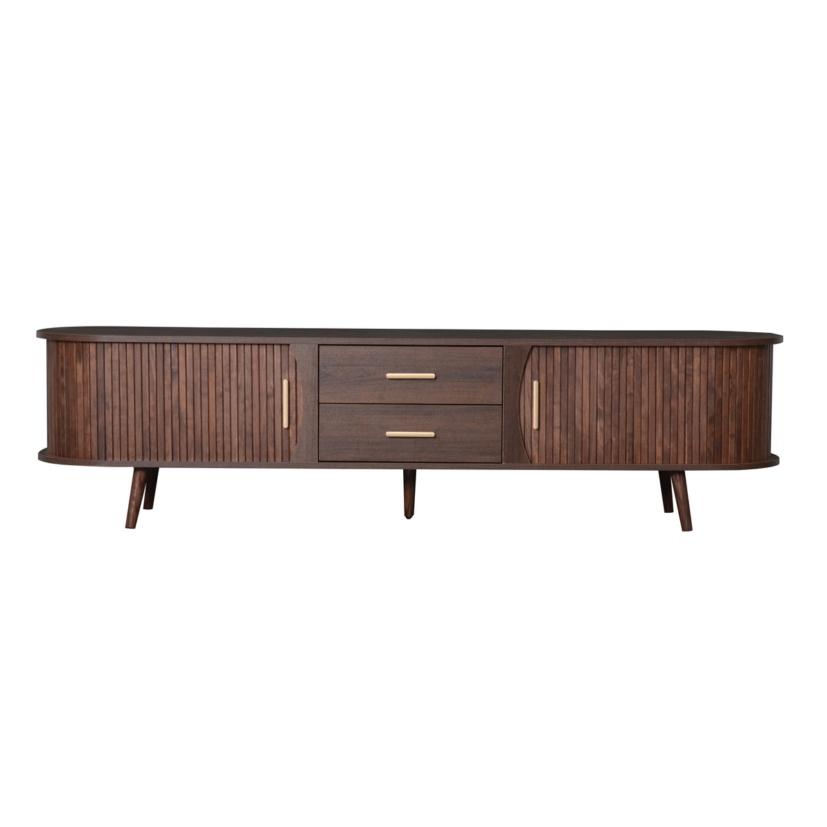 Dark walnut Mid-Century Studio Anthony & Home TV stand with clean lines and open shelving for modern living rooms.
