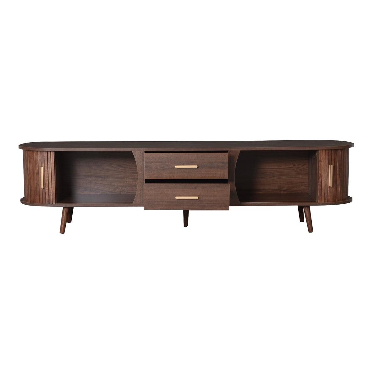 Dark walnut mid-century style TV stand with storage compartments and tapered legs, crafted by Anthony & Home.