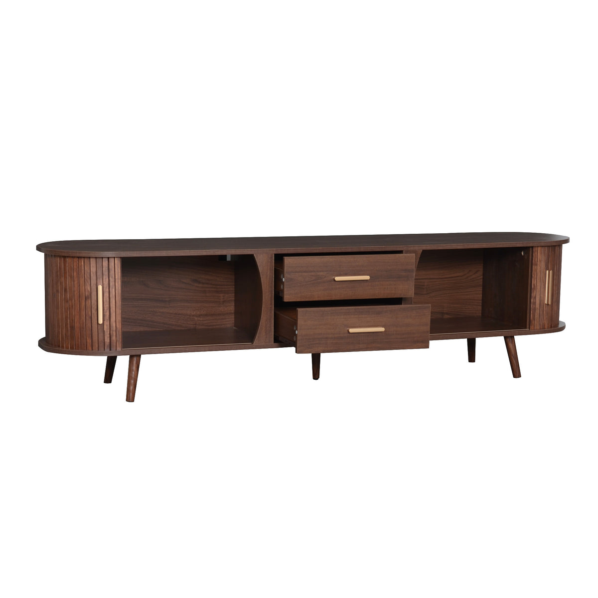 Dark walnut Mid-Century Studio Anthony & Home television stand with sleek design and spacious storage compartments.