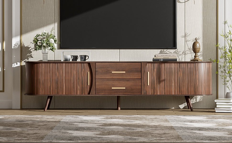 Dark walnut Mid-Century Studio Anthony & Home television stand with sleek design and storage compartments, showcased in a modern living room.