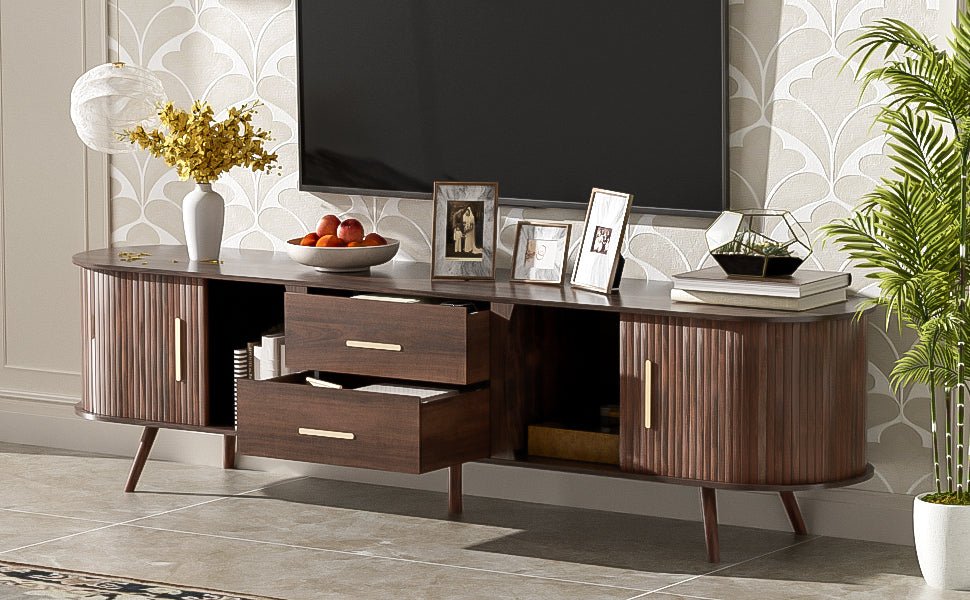Dark walnut Mid-Century Studio Anthony & Home TV stand with sleek wood finish and modern design, ideal for living room entertainment.