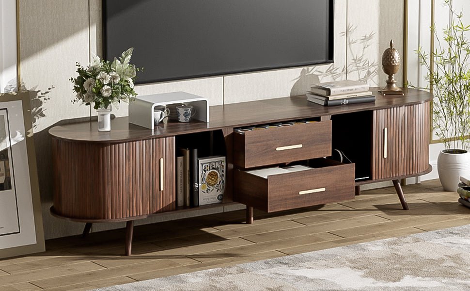 Dark walnut mid-century studio television stand by Anthony & Home with sleek wood finish and modern design.