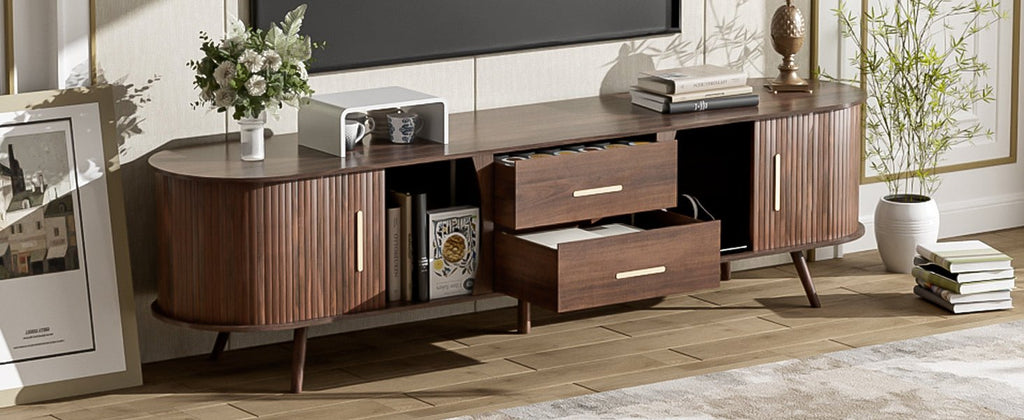Dark walnut Mid-Century Studio TV stand by Anthony & Home with sleek wood finish and modern design for living room decor.