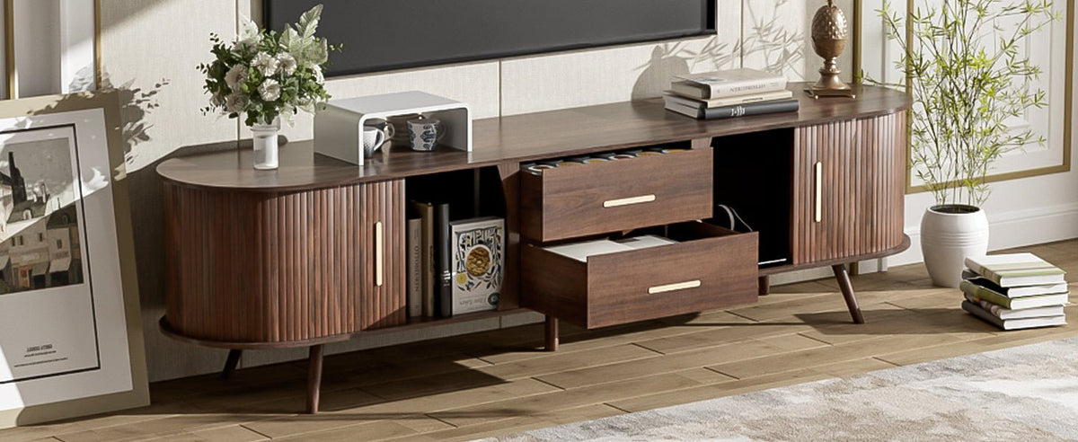 Dark walnut Mid-Century Studio TV stand by Anthony & Home with sleek wood finish and modern design for living room decor.