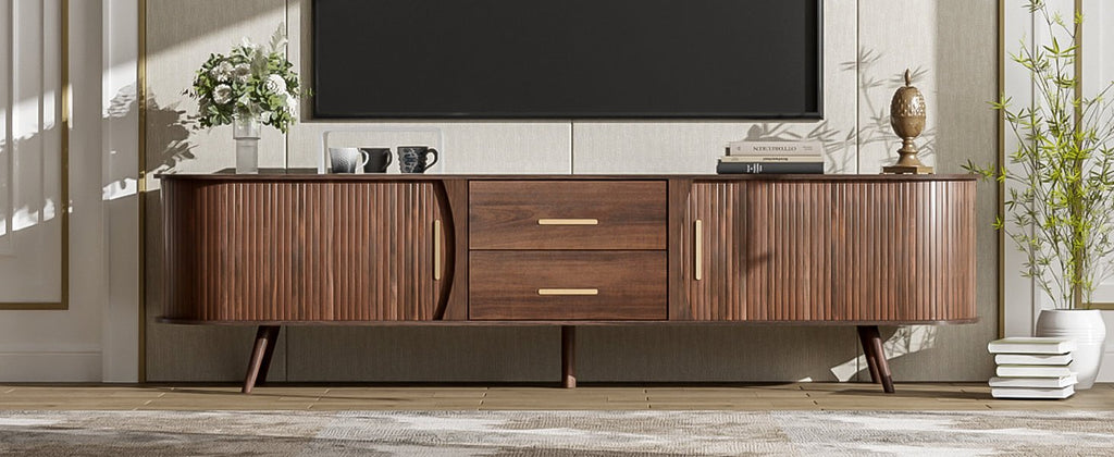 Mid-Century Studio dark walnut television stand by Anthony & Home with sleek design and ample storage space.