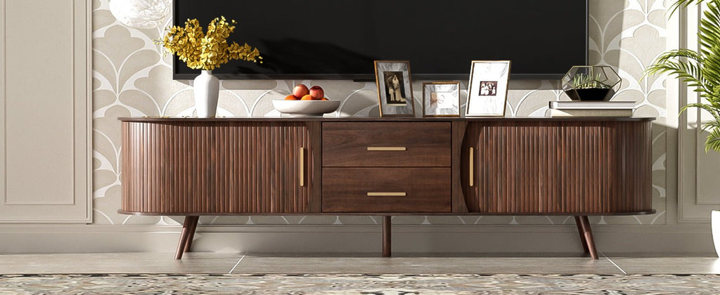 Dark walnut Mid-Century Studio Anthony & Home TV stand with sleek wood finish and modern design, featuring open shelving and storage compartments.