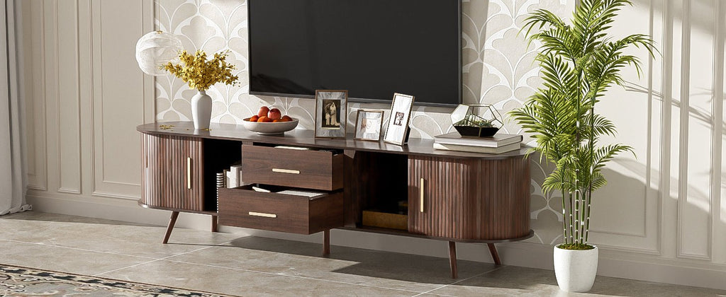 Dark walnut mid-century studio television stand by Anthony & Home with clean lines and ample storage space.
