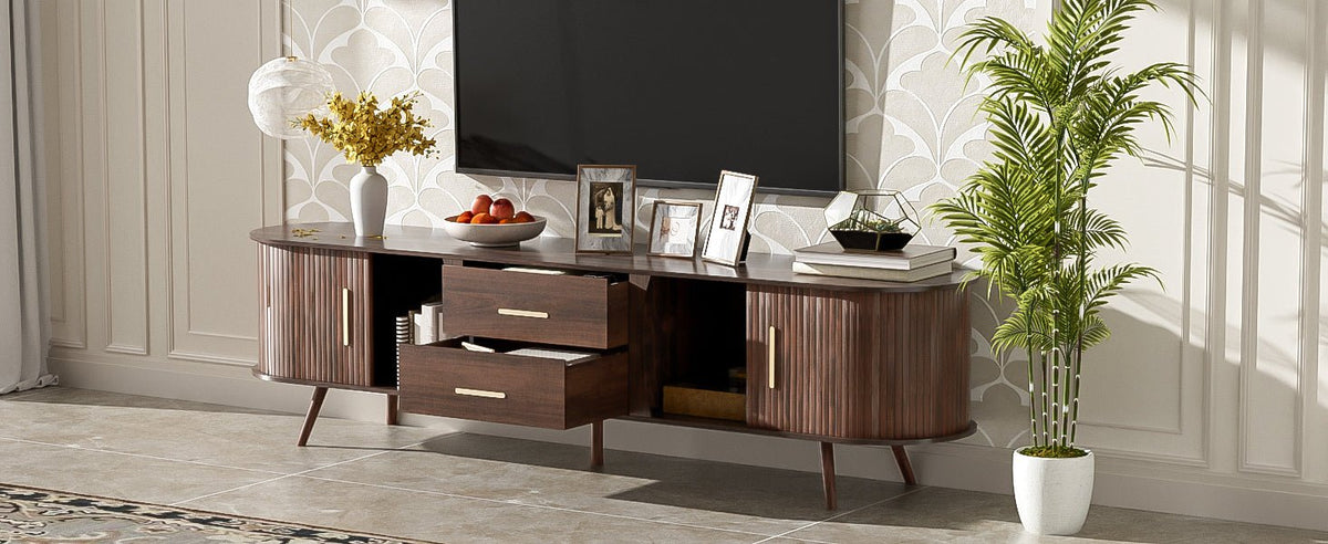 Dark walnut mid-century studio television stand by Anthony & Home with clean lines and ample storage space.