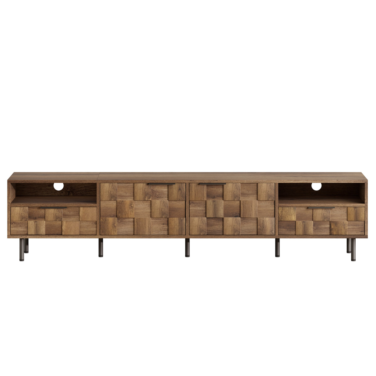 Mid-century TV stand by Anthony & Home with natural finish and two drawers, ideal for modern living room or studio decor.