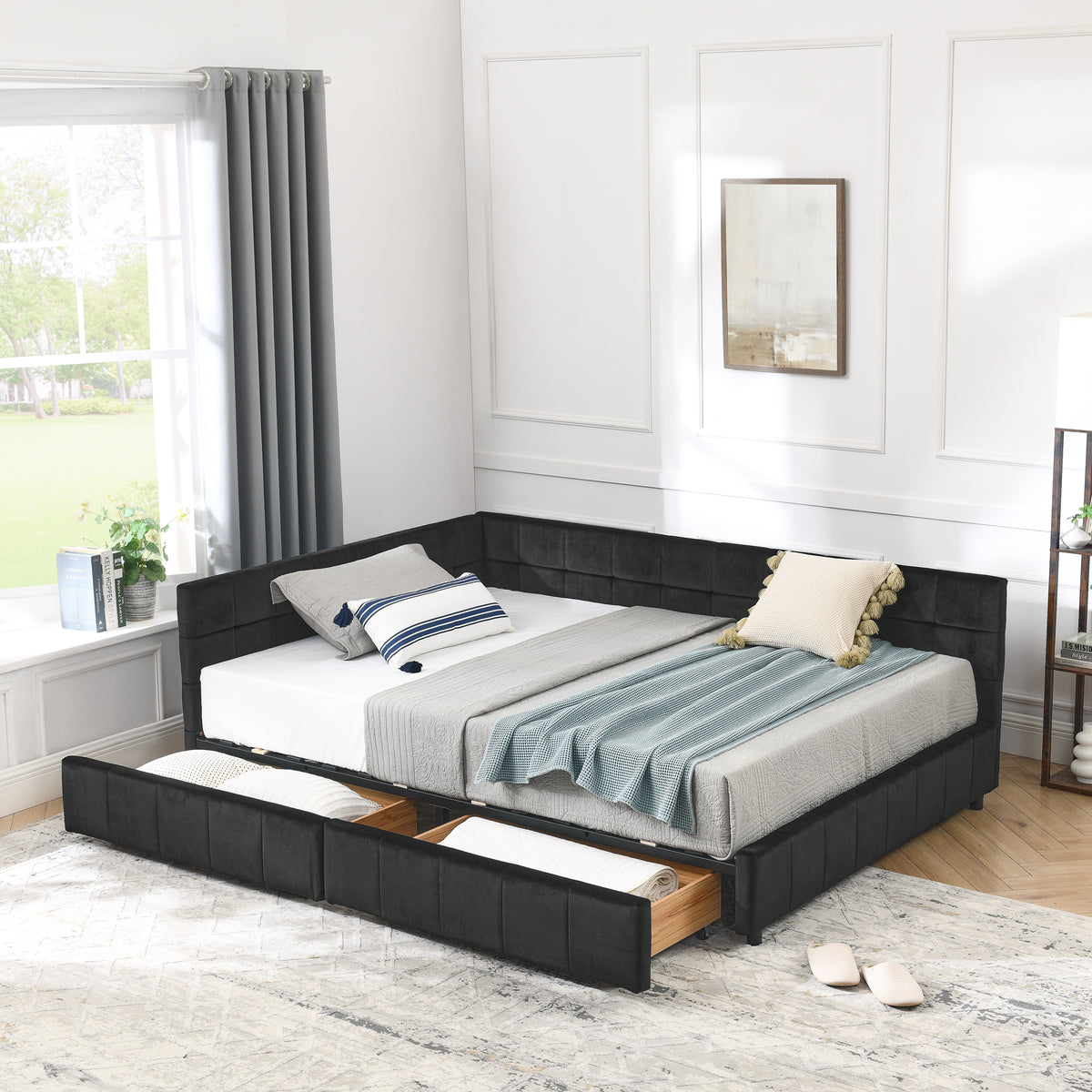 Velvet tufted full-size bed frame by Anthony & Home featuring a mid-century modern design and elegant button-tufted headboard.