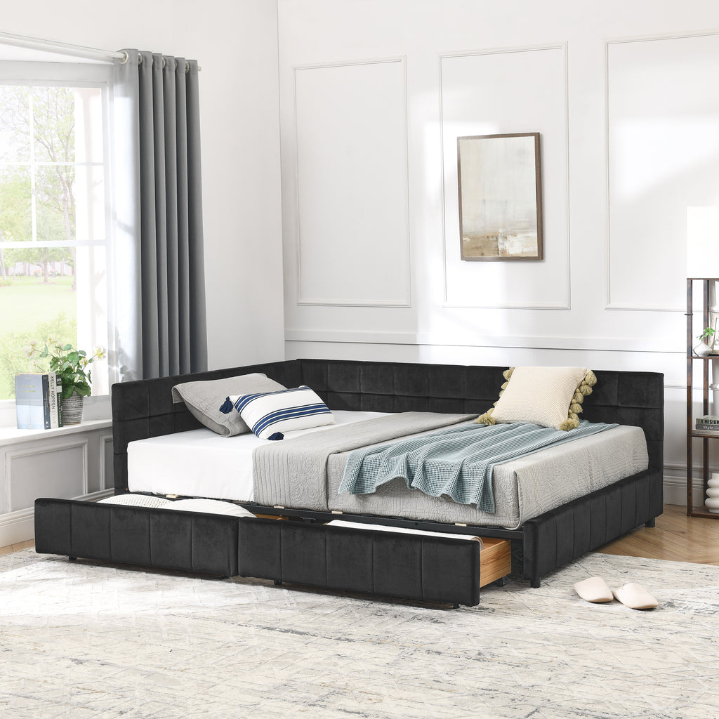 Full-size velvet tufted mid-century bed frame by Anthony & Home with a plush, upholstered headboard and sleek wooden legs.