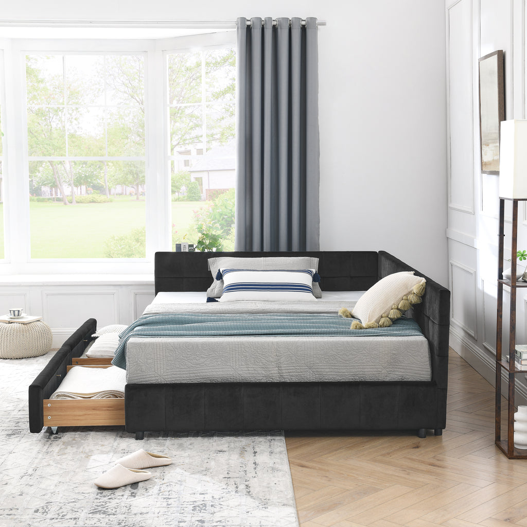 Mid-century velvet tufted full-size bed frame by Anthony & Home with plush headboard and elegant design.