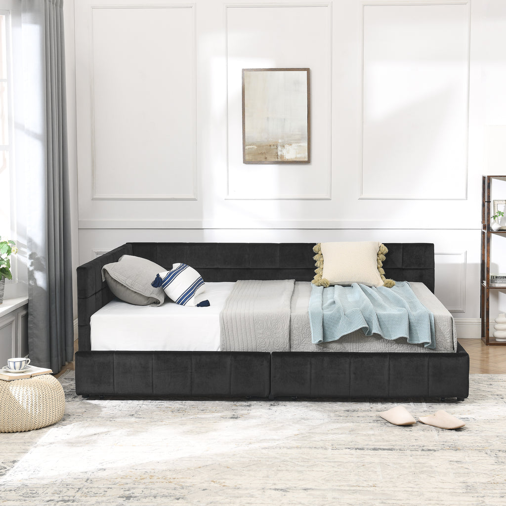Mid-century velvet tufted full size bed frame by Anthony & Home with padded headboard and sleek wooden legs.