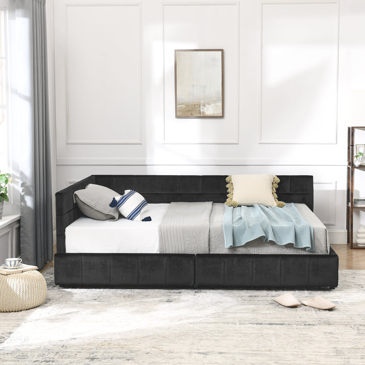 Mid-century velvet tufted full size bed frame by Anthony & Home with padded headboard and sleek wooden legs.