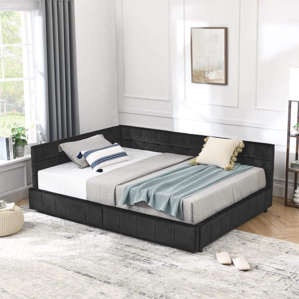 Velvet tufted full-size bed frame by Anthony & Home with mid-century modern design and stylish button-tufted headboard.