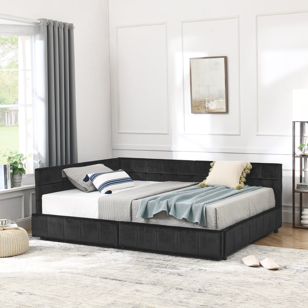 Velvet tufted full size bed frame by Anthony & Home with a mid-century modern design and elegant padded headboard.