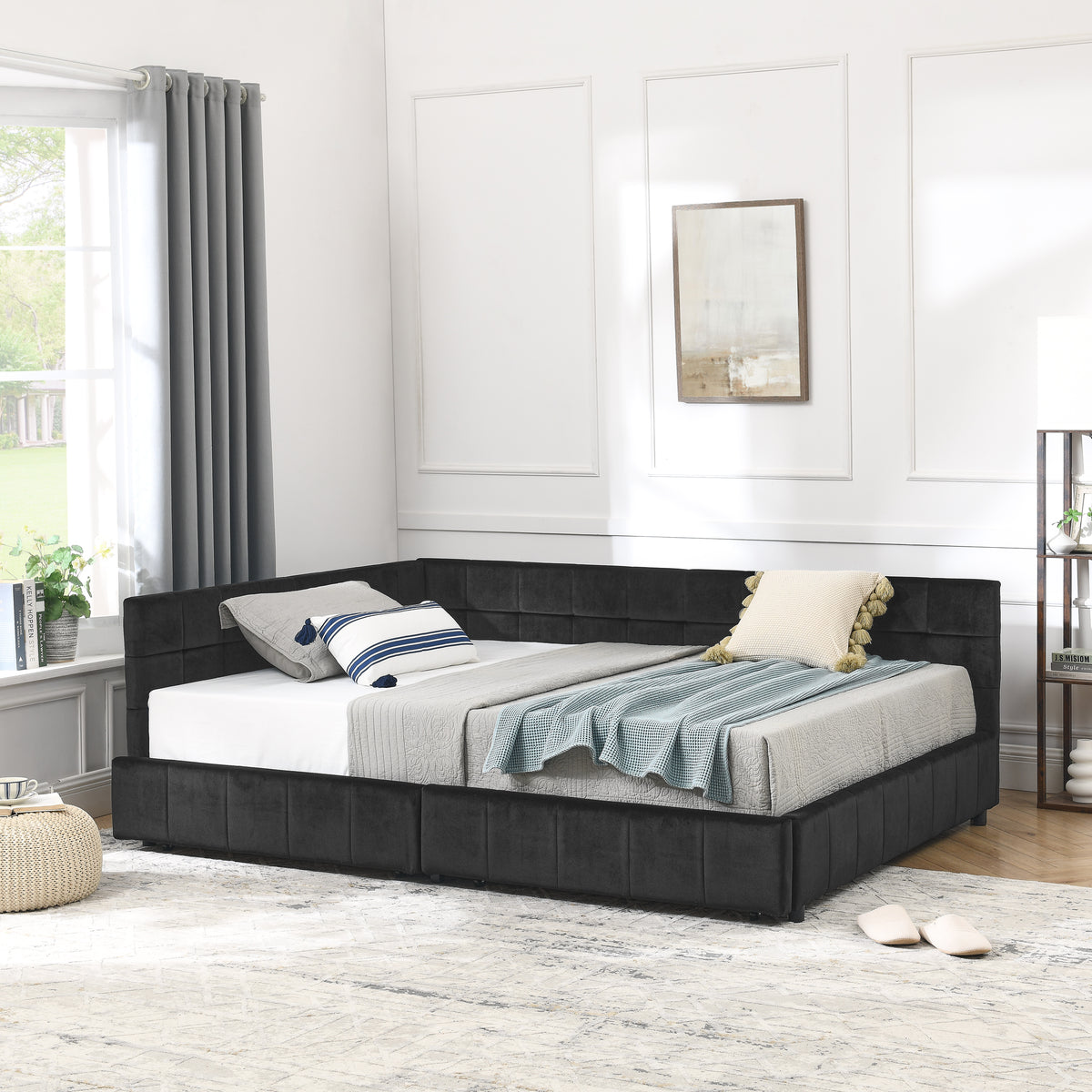 Velvet tufted full size bed frame by Anthony & Home with a mid-century modern design and elegant padded headboard.