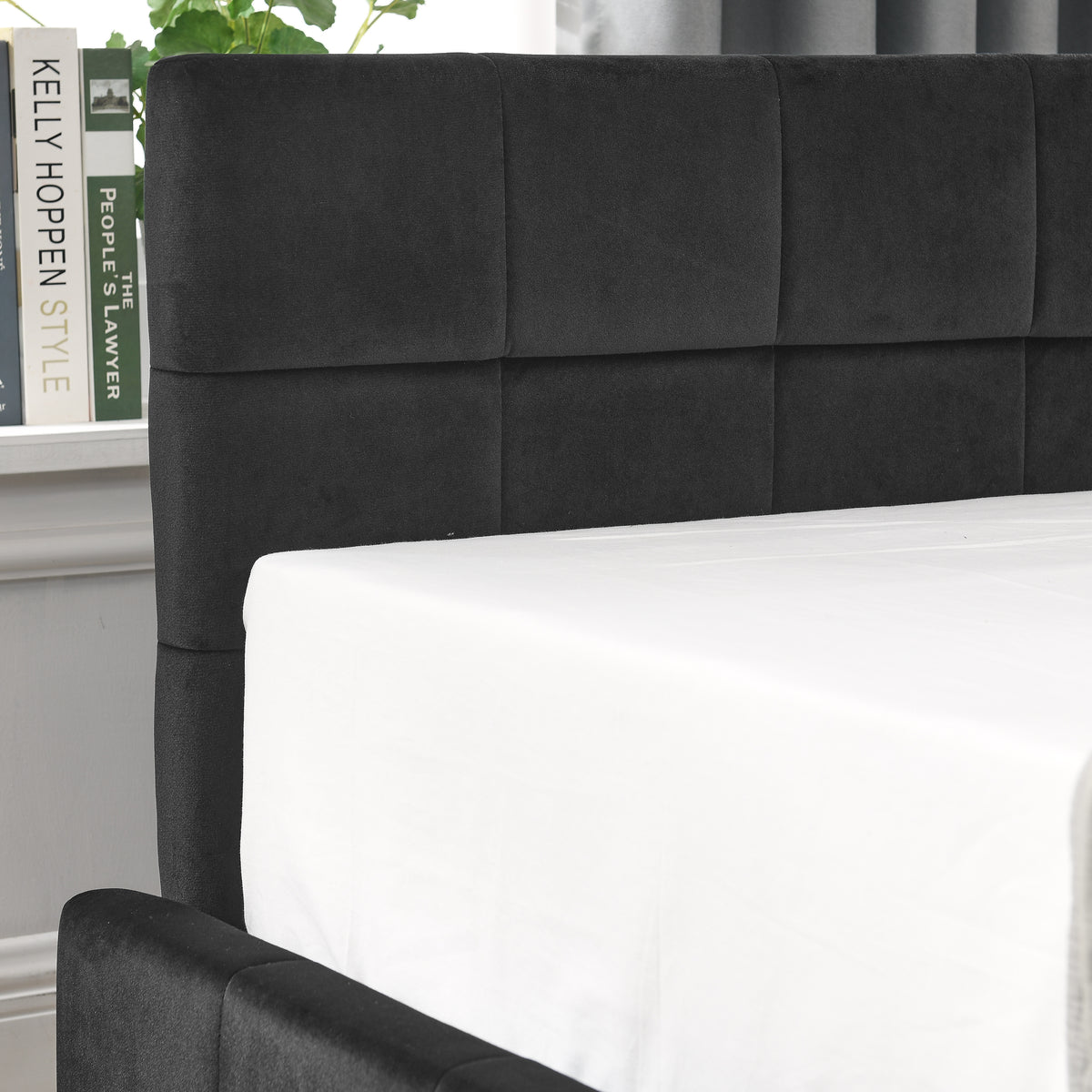 Velvet tufted full size bed frame by Anthony & Home with elegant mid-century design and plush upholstered headboard.