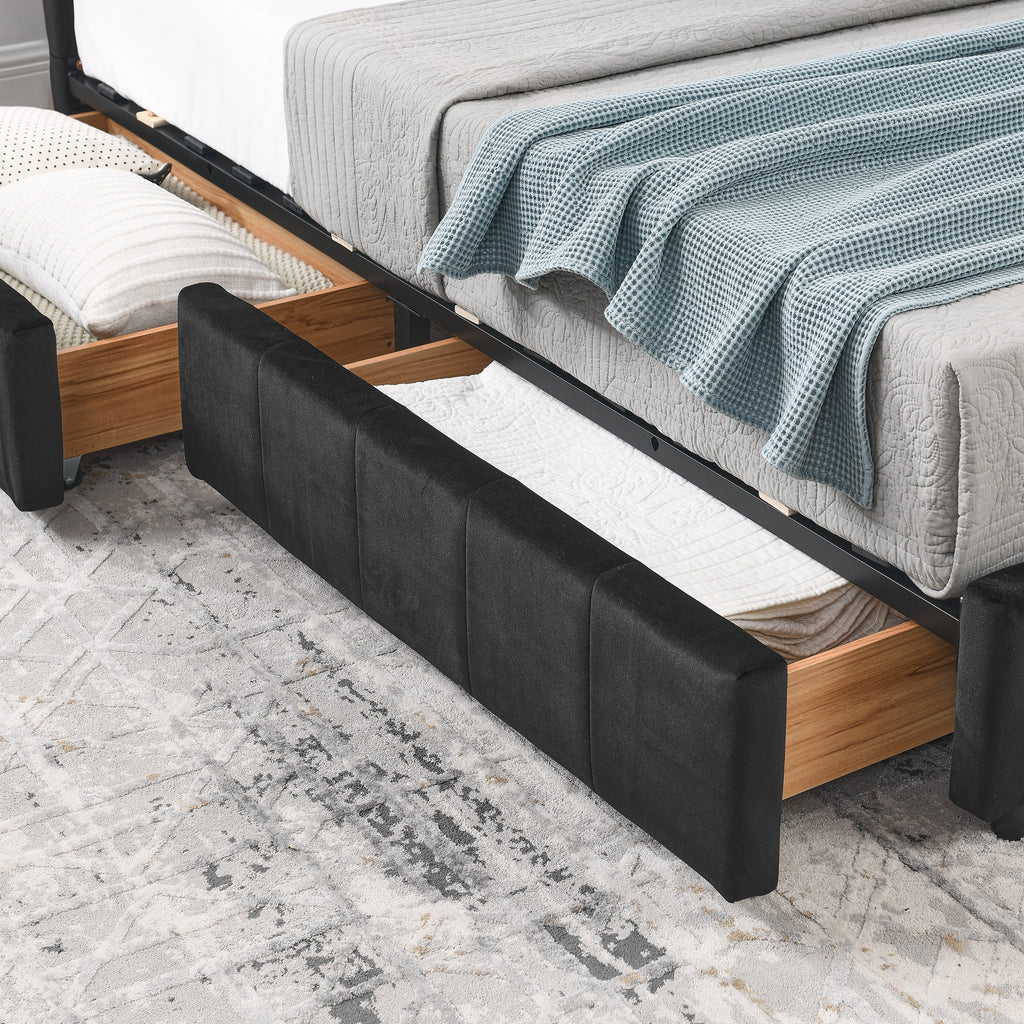Velvet tufted full-size bed frame by Anthony & Home with a mid-century modern design and cushioned headboard.