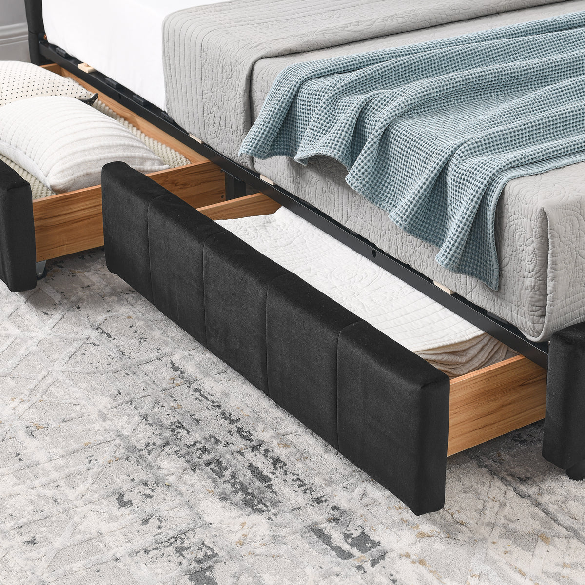 Velvet tufted full-size bed frame by Anthony & Home with a mid-century modern design and cushioned headboard.