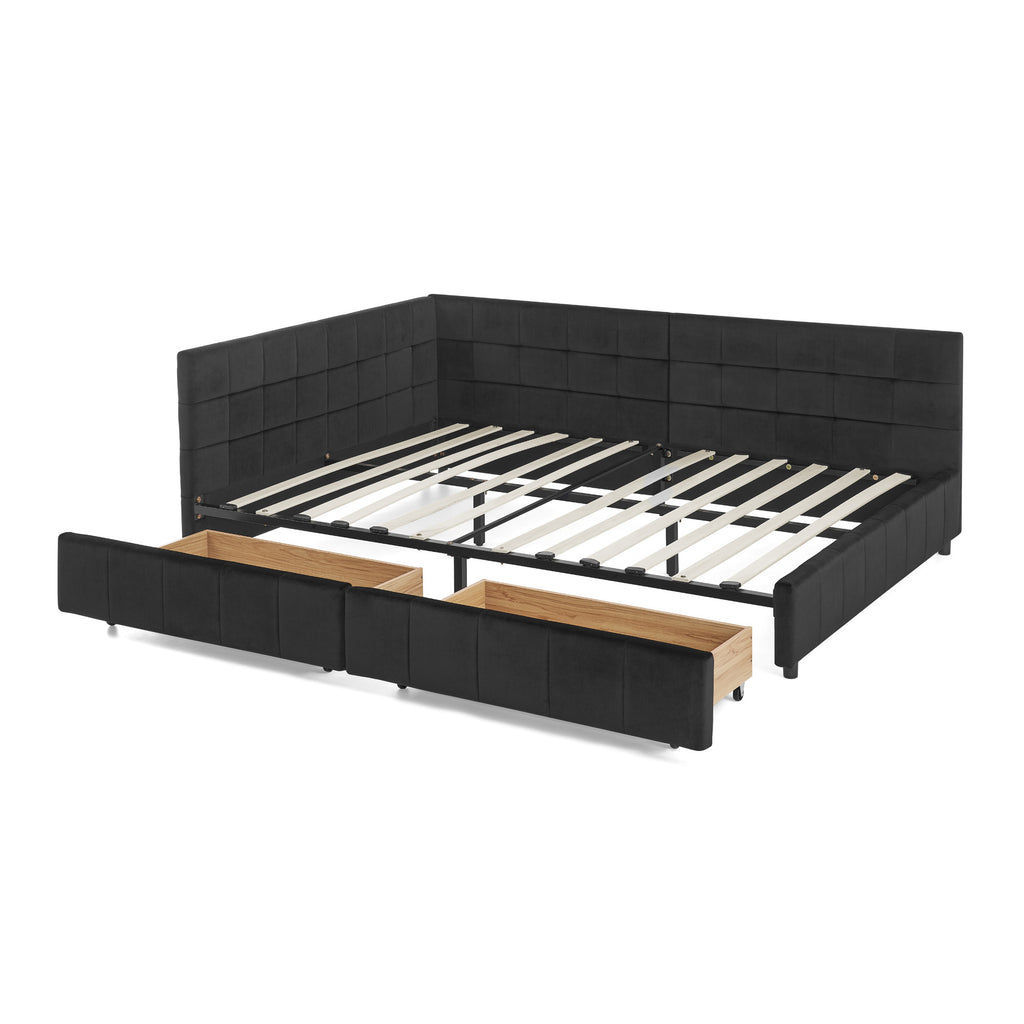 Mid-century velvet tufted full-size bed frame by Anthony & Home with a padded headboard and sleek wooden legs.