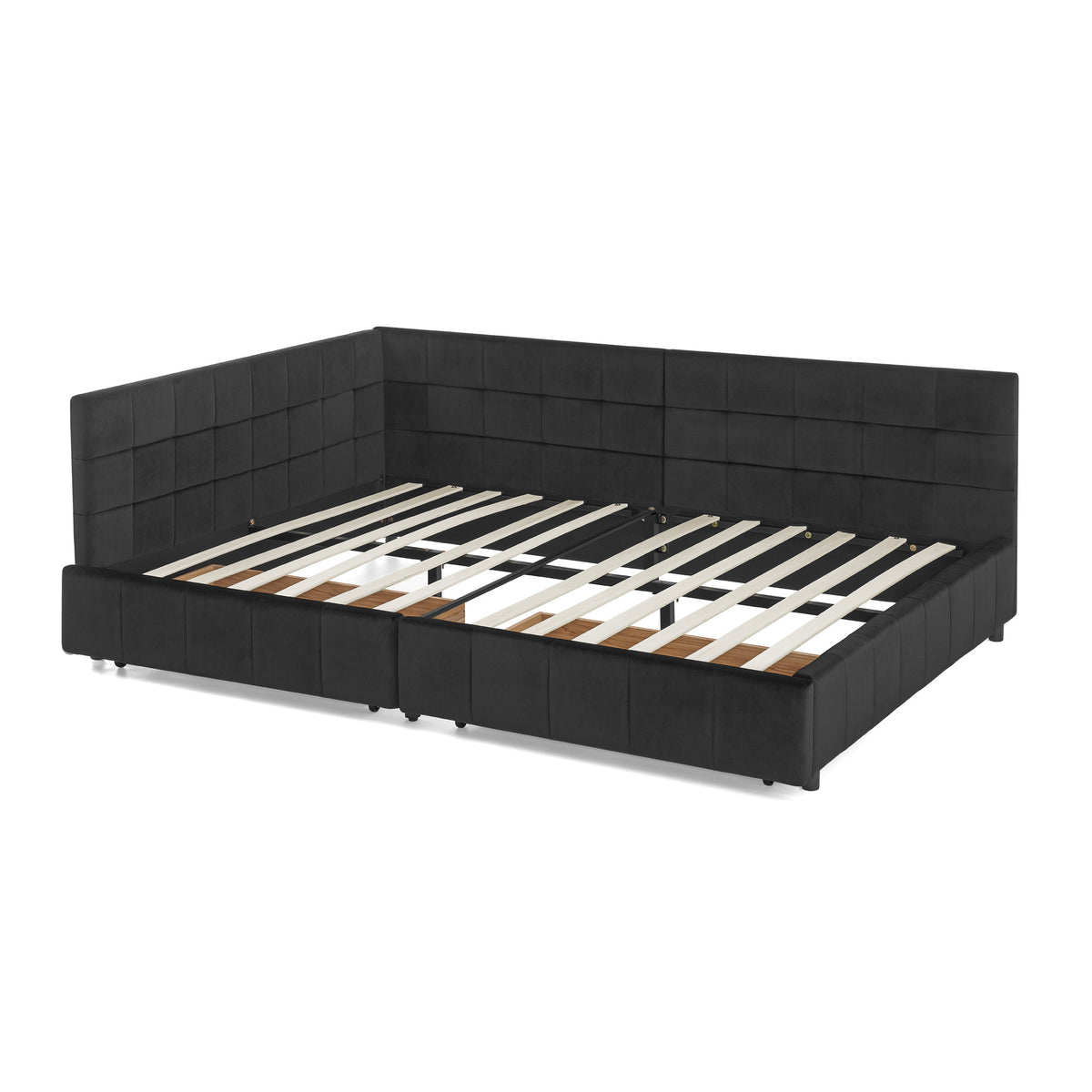 Mid-century velvet tufted full-size bed frame by Anthony & Home with a modern design and padded headboard.