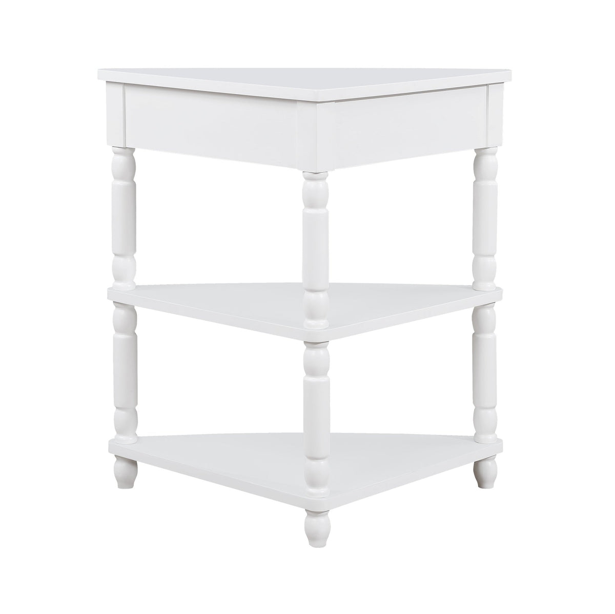 Milk white solid wood triangle corner table by Anthony & Home, showcasing a sleek, modern design with smooth edges and sturdy construction.