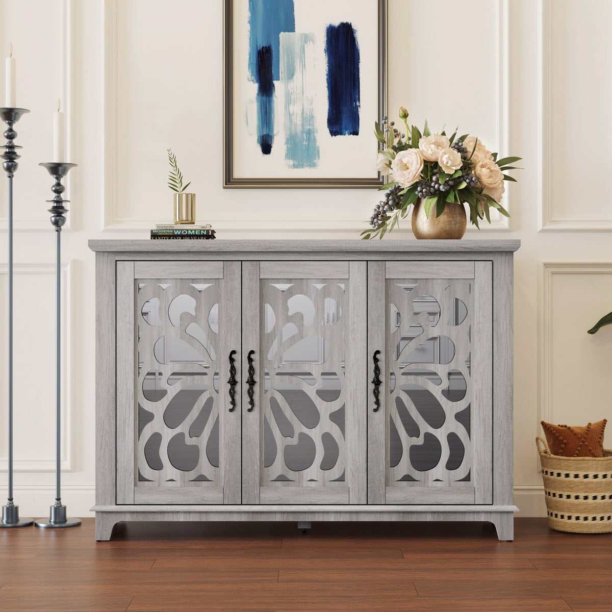 Anthony & Home mirrored sideboard with adjustable shelves, showcasing modern design and reflective surface in a contemporary living space.