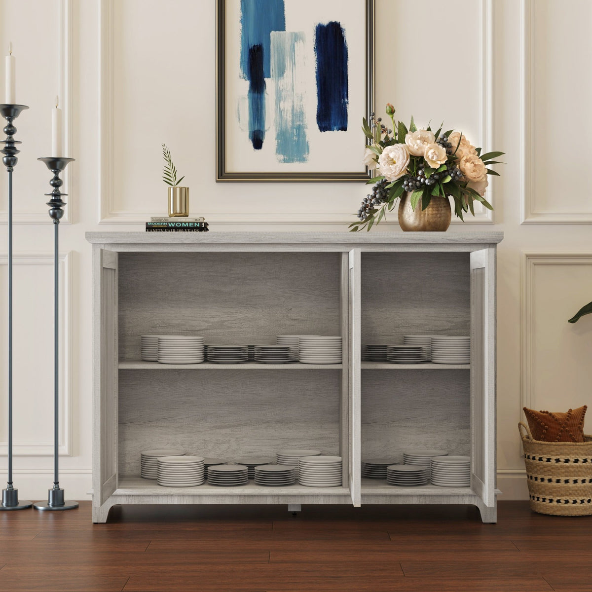 Anthony & Home mirrored sideboard with adjustable shelves, modern storage unit featuring reflective doors and sleek design.