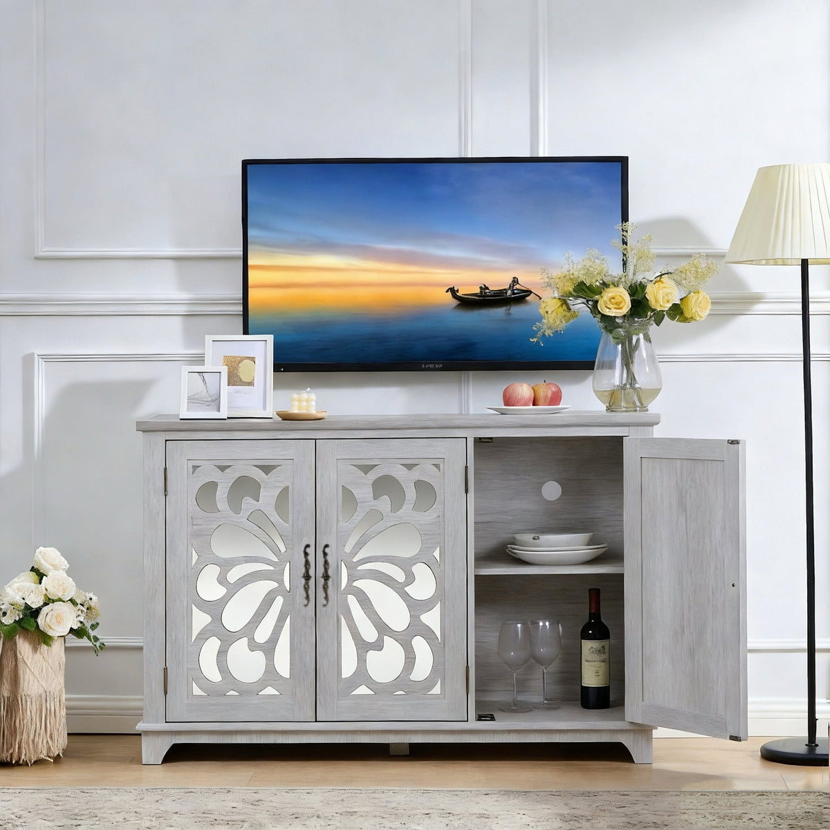 Anthony & Home mirrored sideboard with adjustable shelves, sleek modern design, featuring reflective mirrored doors and storage space.