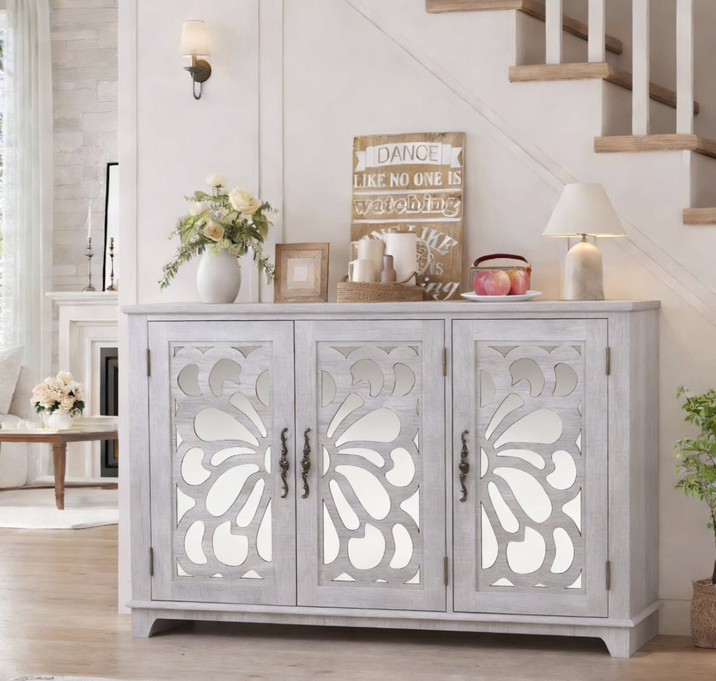 Mirrored Anthony & Home sideboard with adjustable shelves and sleek modern design, showcasing reflective glass doors and storage space.
