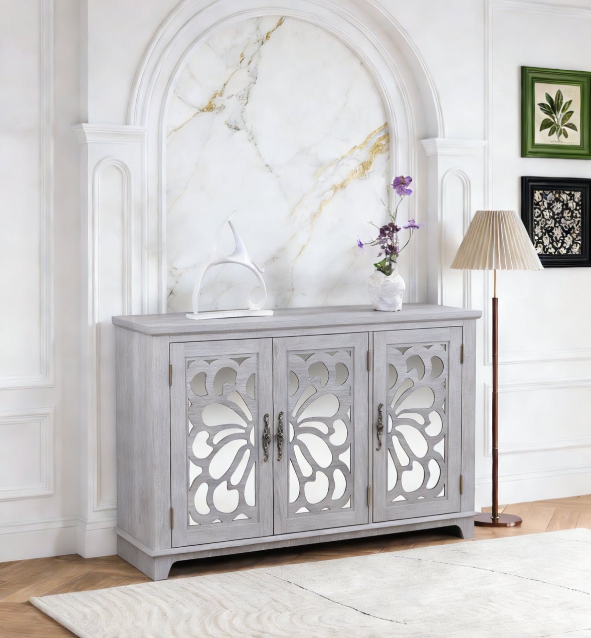 Anthony & Home mirrored sideboard with adjustable shelves, sleek modern design, featuring reflective mirrored doors and storage space