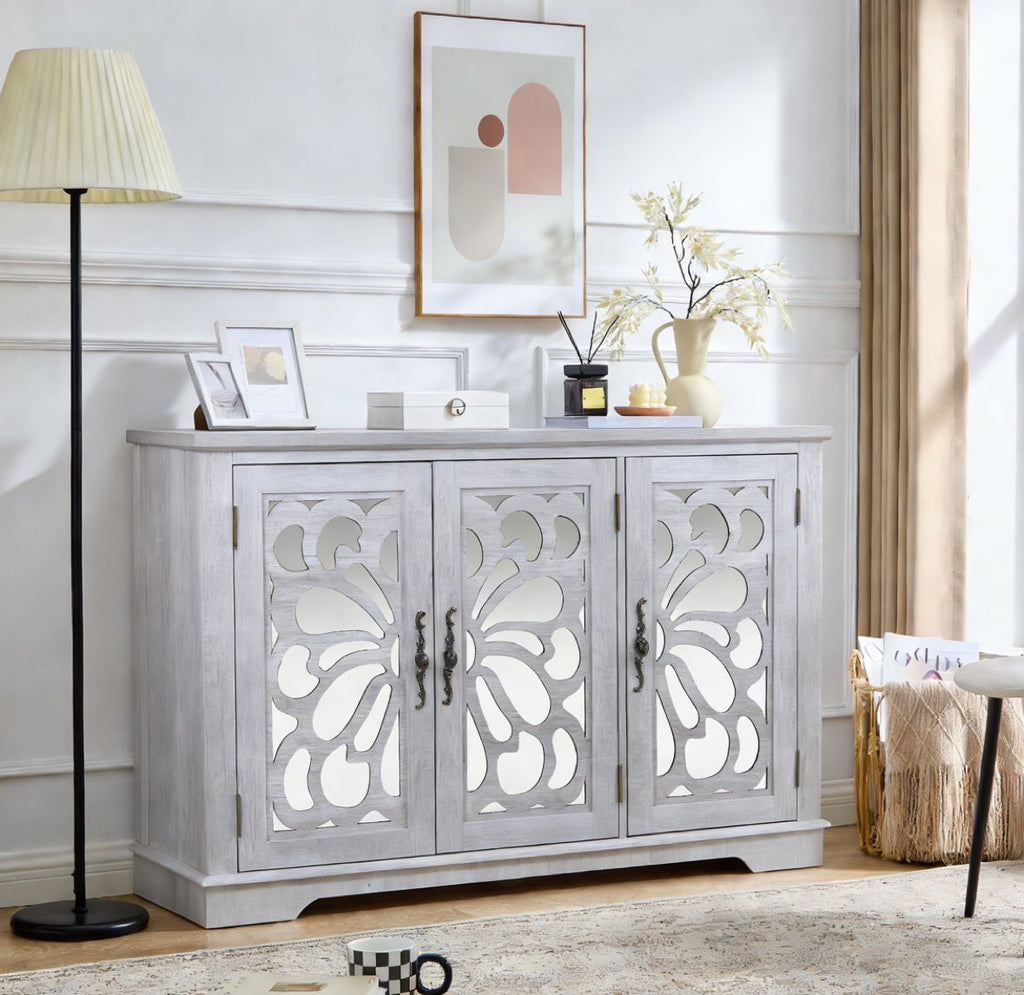 Mirrored sideboard with adjustable shelves by Anthony & Home, featuring a sleek, modern design perfect for stylish storage.
