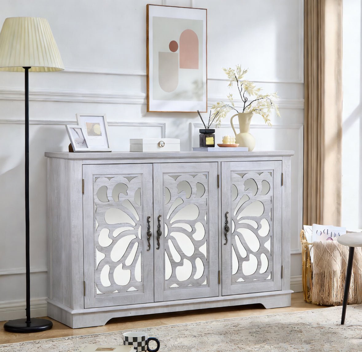 Mirrored sideboard with adjustable shelves by Anthony & Home, featuring a sleek, modern design perfect for stylish storage.