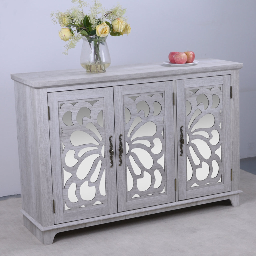 Mirrored sideboard with adjustable shelves by Anthony & Home, showcasing sleek modern design and reflective glass surface.