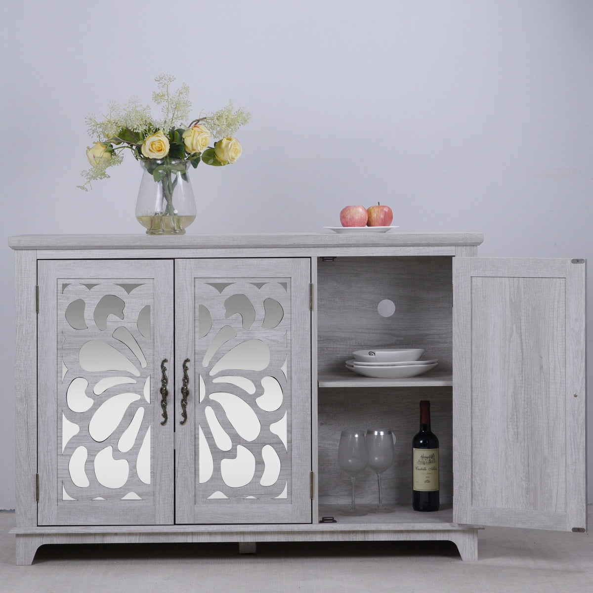 Anthony & Home mirrored sideboard with adjustable shelves, modern design, featuring a sleek mirrored front and sturdy wooden legs.