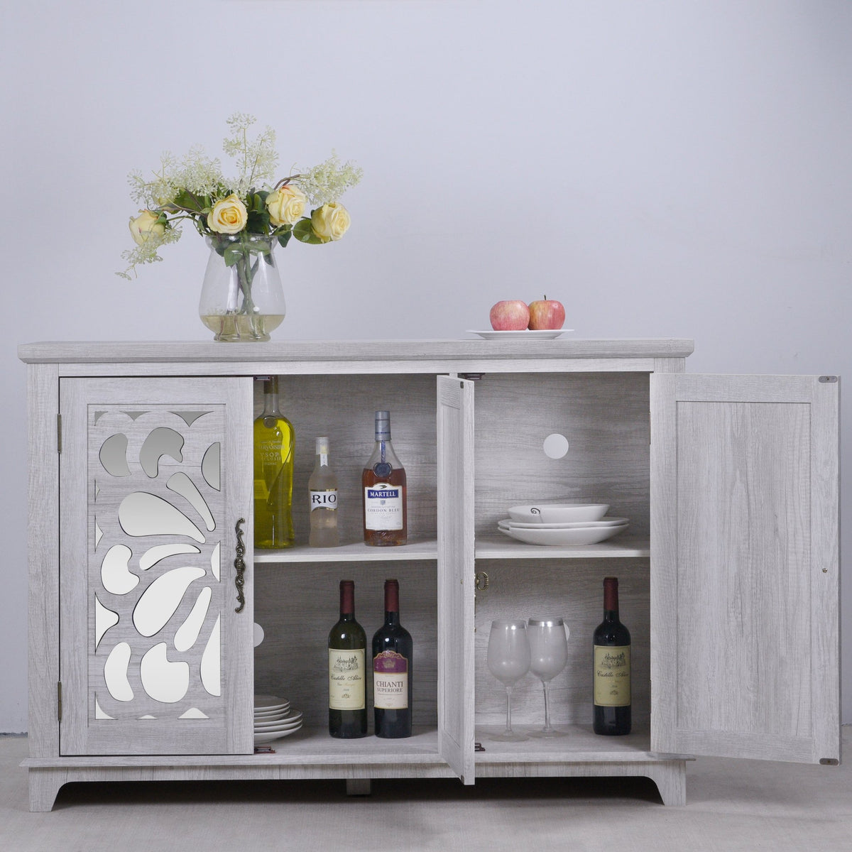 Anthony & Home mirrored sideboard with adjustable shelves, sleek modern design, featuring reflective mirrored doors and storage space.