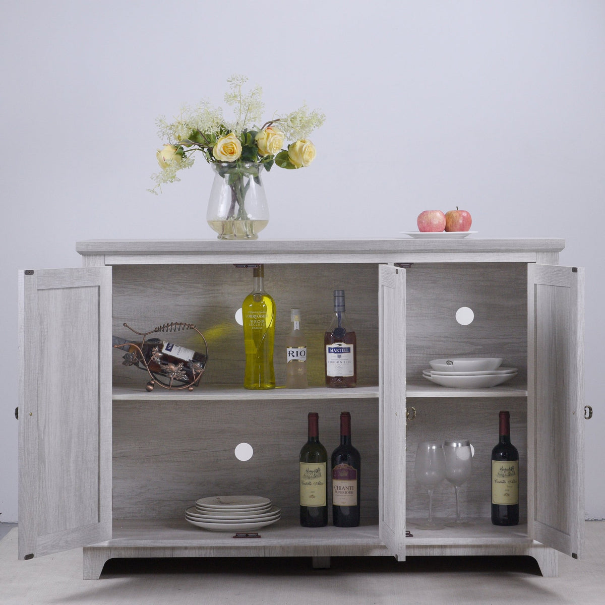 Anthony & Home mirrored sideboard with adjustable shelves, modern design, featuring reflective mirrored surfaces and sleek storage.