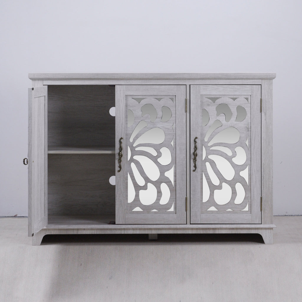 Anthony & Home mirrored sideboard with adjustable shelves, featuring a sleek modern design and reflective mirrored doors.