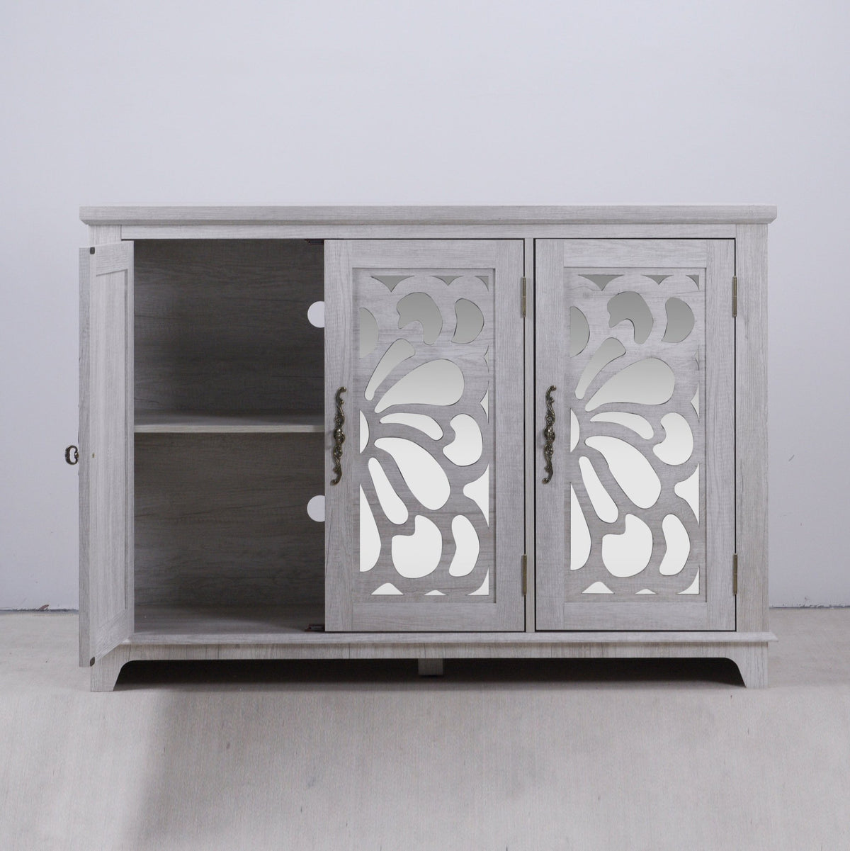 Anthony & Home mirrored sideboard with adjustable shelves, featuring a sleek modern design and reflective mirrored doors.