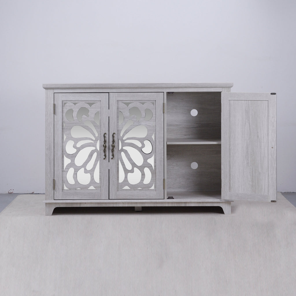 Anthony & Home mirrored sideboard with adjustable shelves, modern design, featuring a sleek mirrored surface and storage compartments.