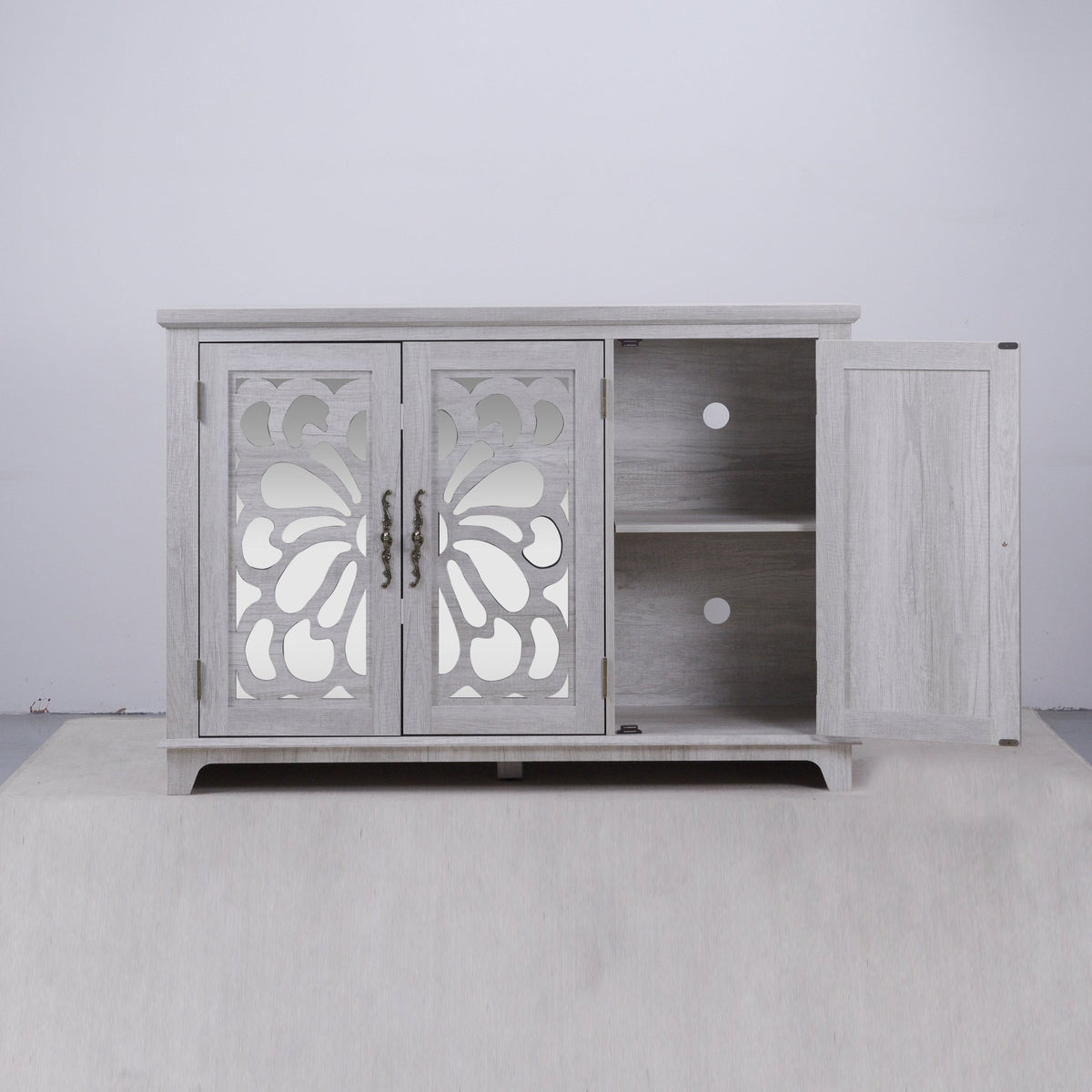 Anthony & Home mirrored sideboard with adjustable shelves, modern design, featuring a sleek mirrored surface and storage compartments.