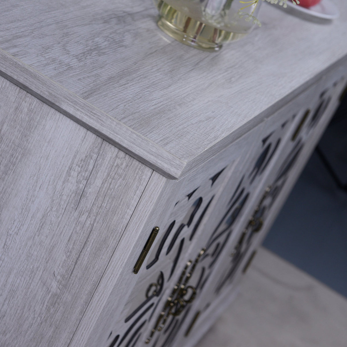 Anthony & Home mirrored sideboard with adjustable shelves, modern design, featuring reflective surfaces and sleek storage compartments.