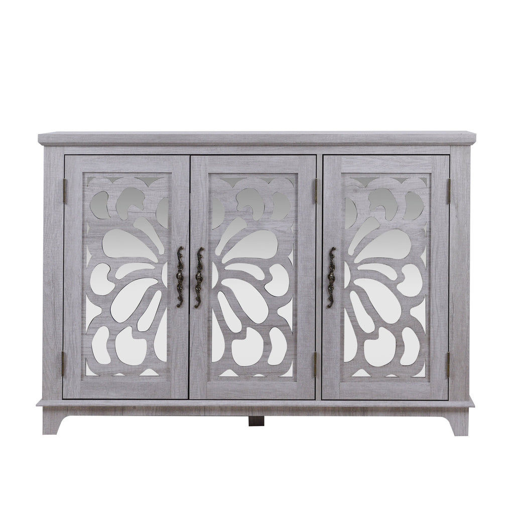 Anthony & Home mirrored sideboard with adjustable shelves, featuring sleek modern design and reflective surface for stylish storage.