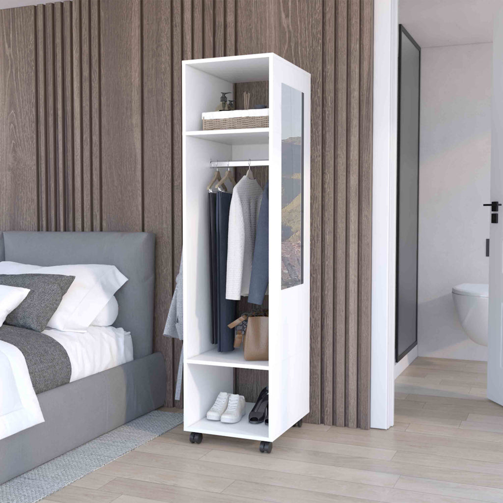 White veneer mirrored wardrobe armoire from Anthony & Home, modern 63-inch tall storage cabinet with doors.