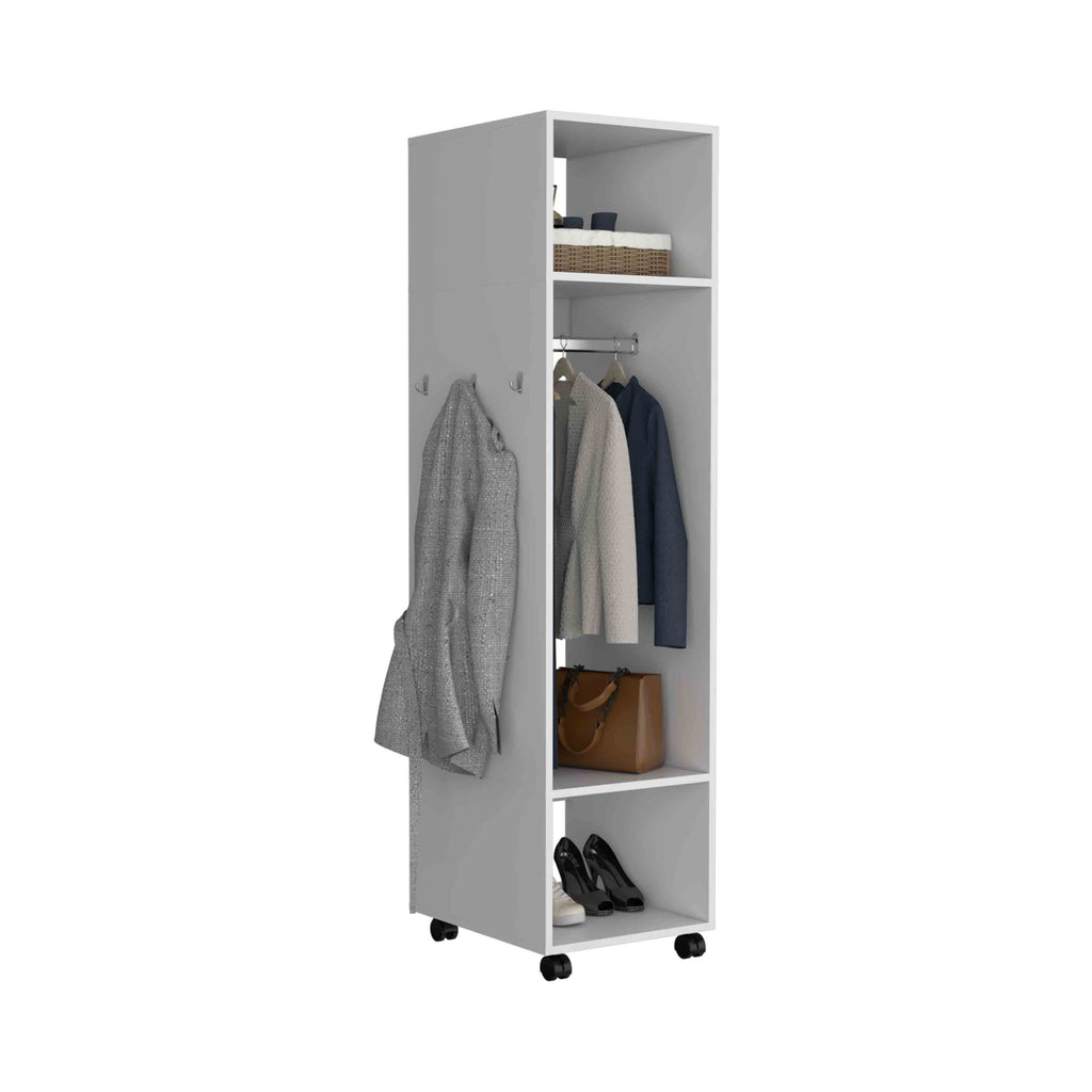 White veneer mirrored wardrobe armoire from Anthony & Home, 63-inch tall modern collection storage cabinet with reflective doors.