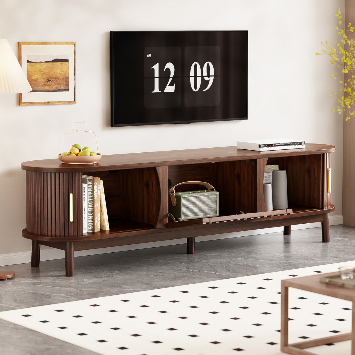 Modern farmhouse solid pine TV stand by Anthony & Home featuring a rustic design and ample storage space.