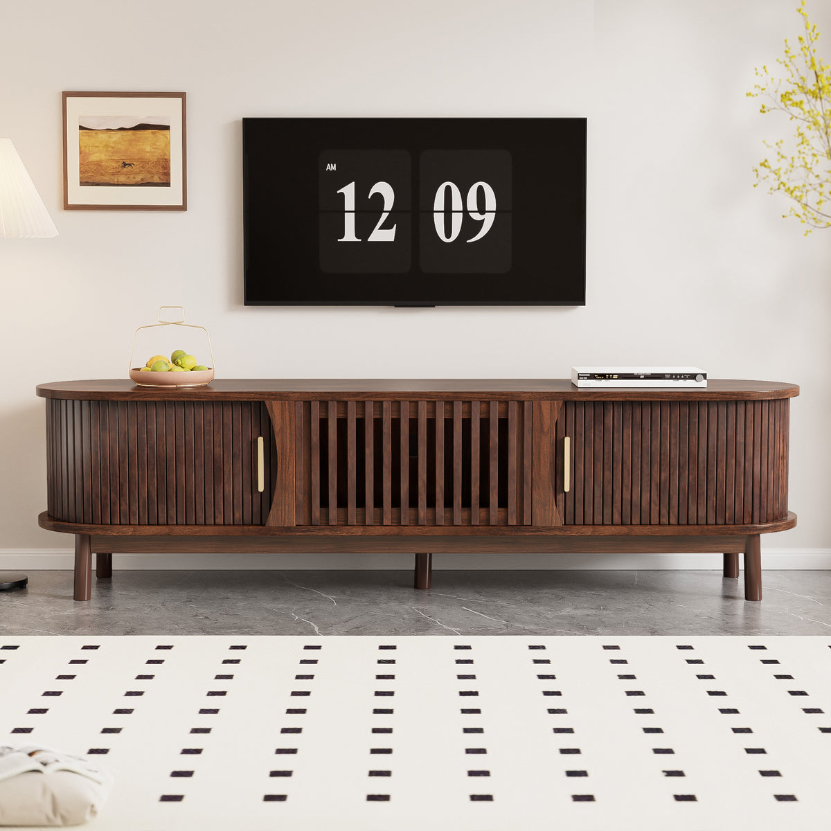 Modern farmhouse solid pine TV stand by Anthony & Home with spacious shelves and sleek design for living room decor.